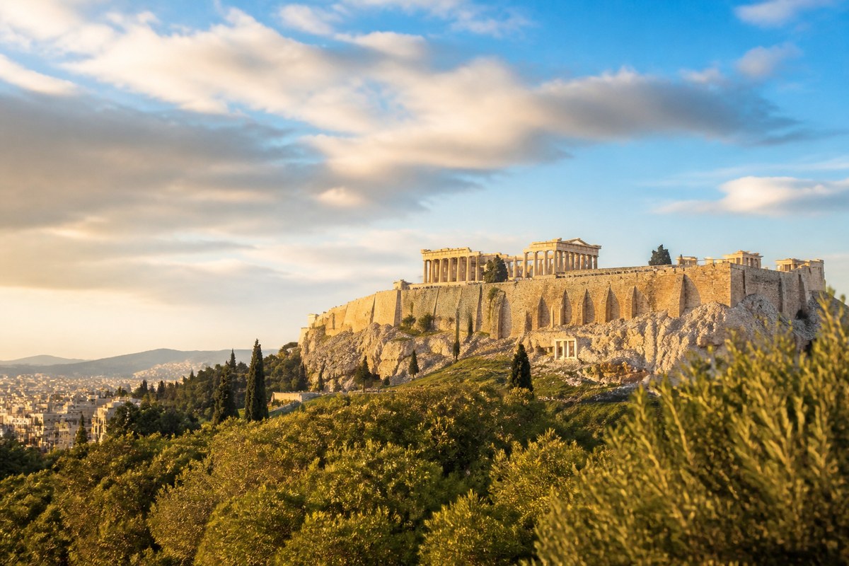 Parthenon columns on the Acropolis rock under clear Athenian light, seen from below