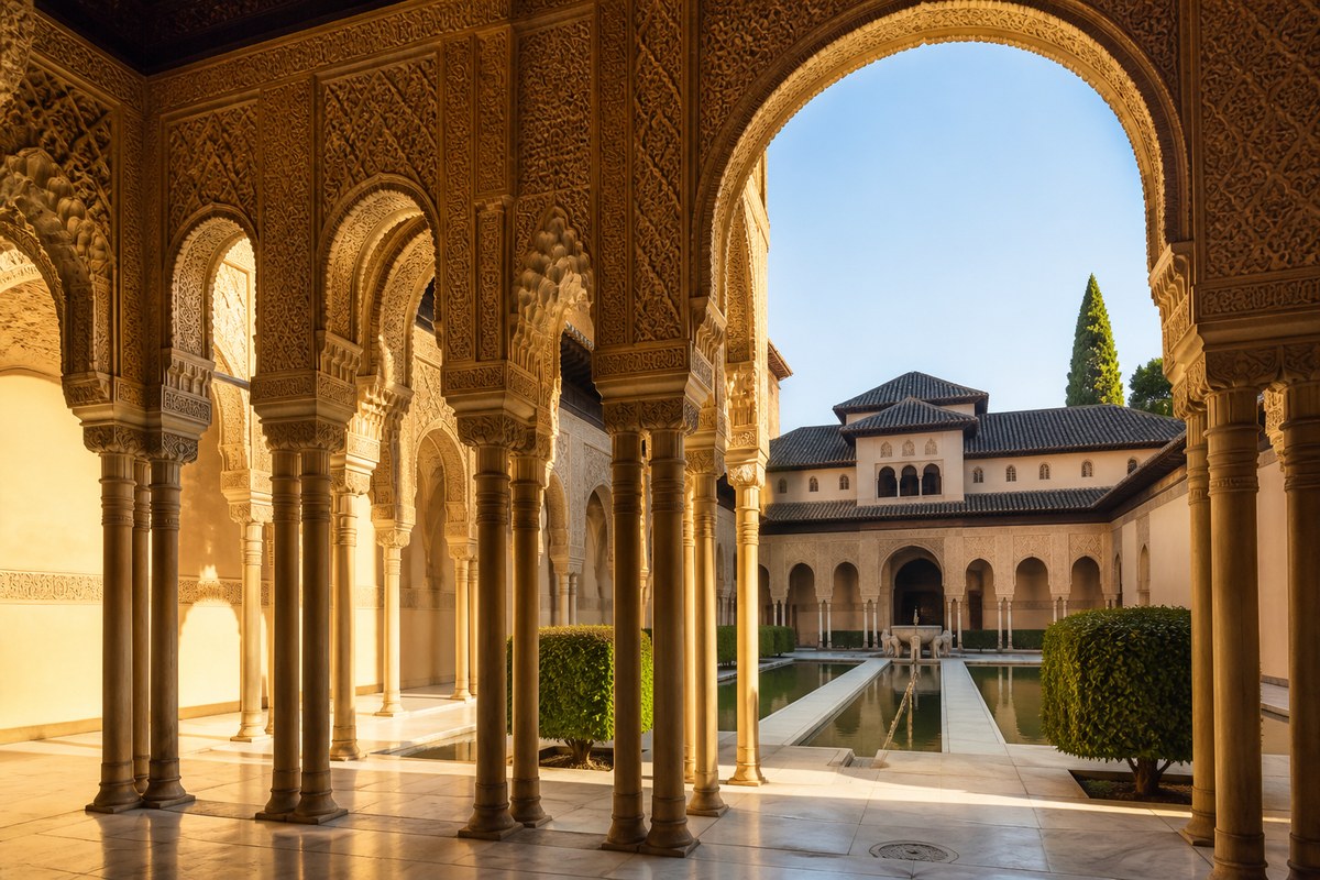 Alhambra palace walls and gardens with Sierra Nevada foothills beyond Granada