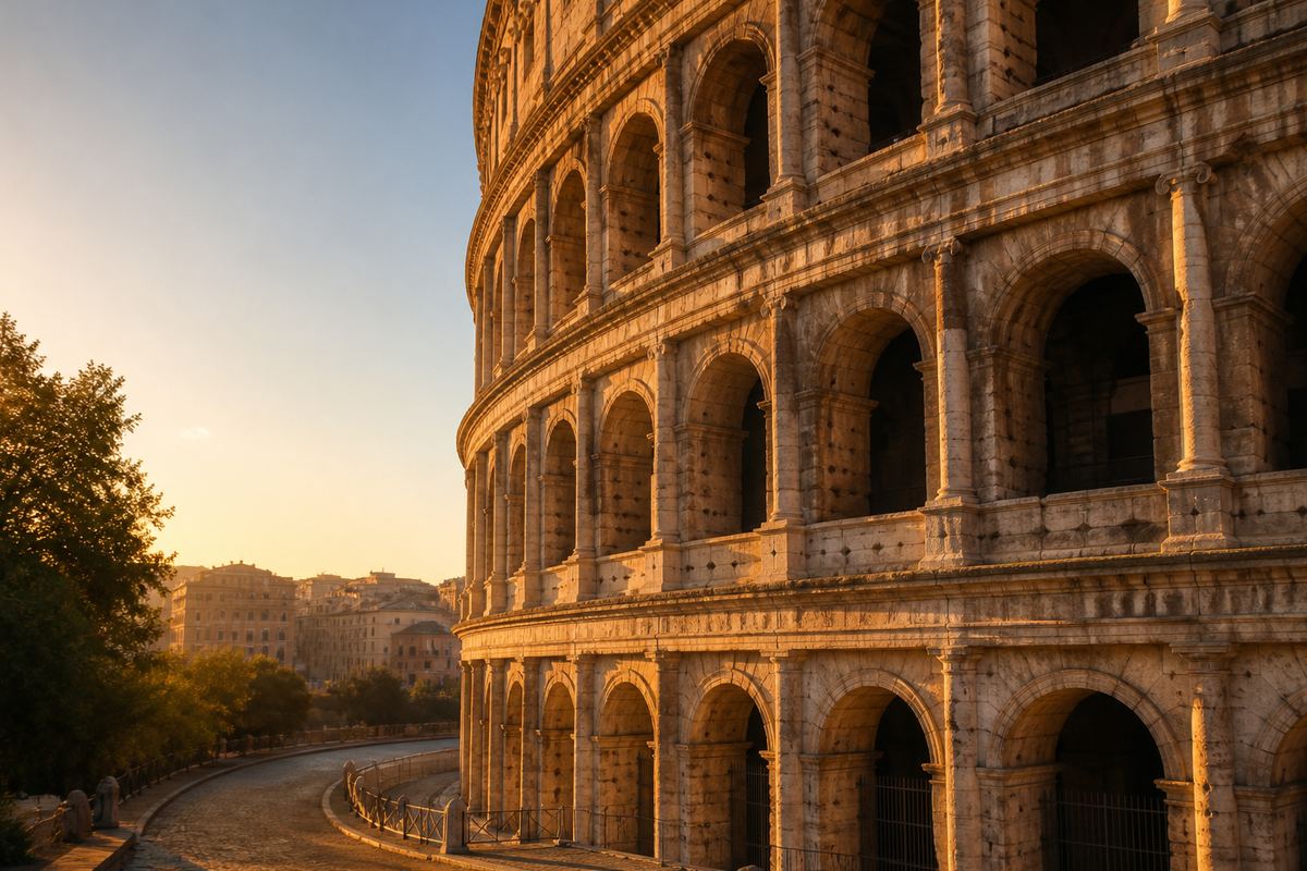 Colosseum arches and ancient stone exterior in warm late-day Roman light