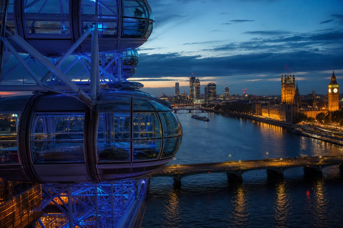 London Eye capsules over the Thames with Westminster silhouette beyond