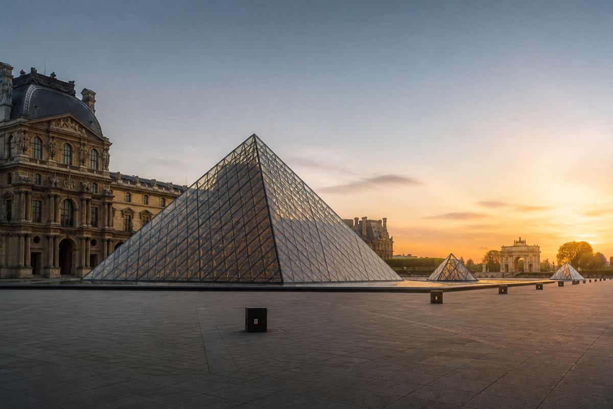 Louvre Pyramid and courtyard stone façades under soft evening light in Paris