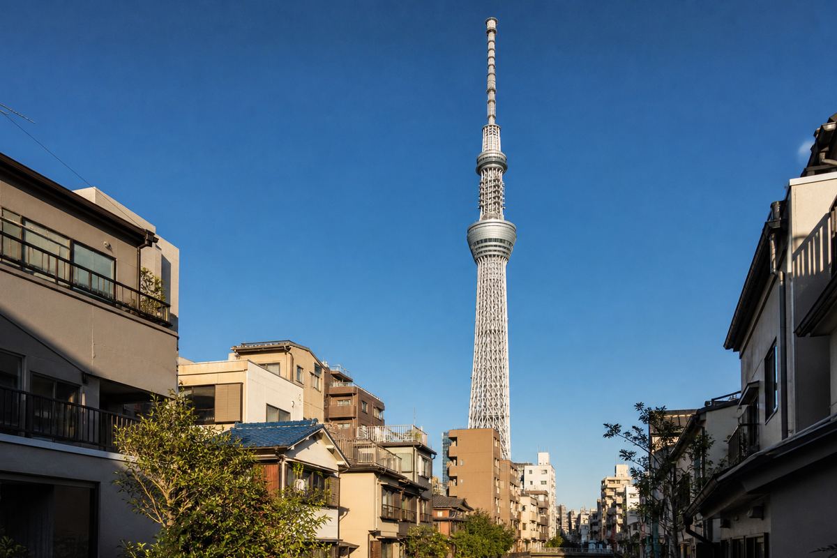 Tokyo Skytree rising above Sumida neighbourhood rooftops under a clear sky