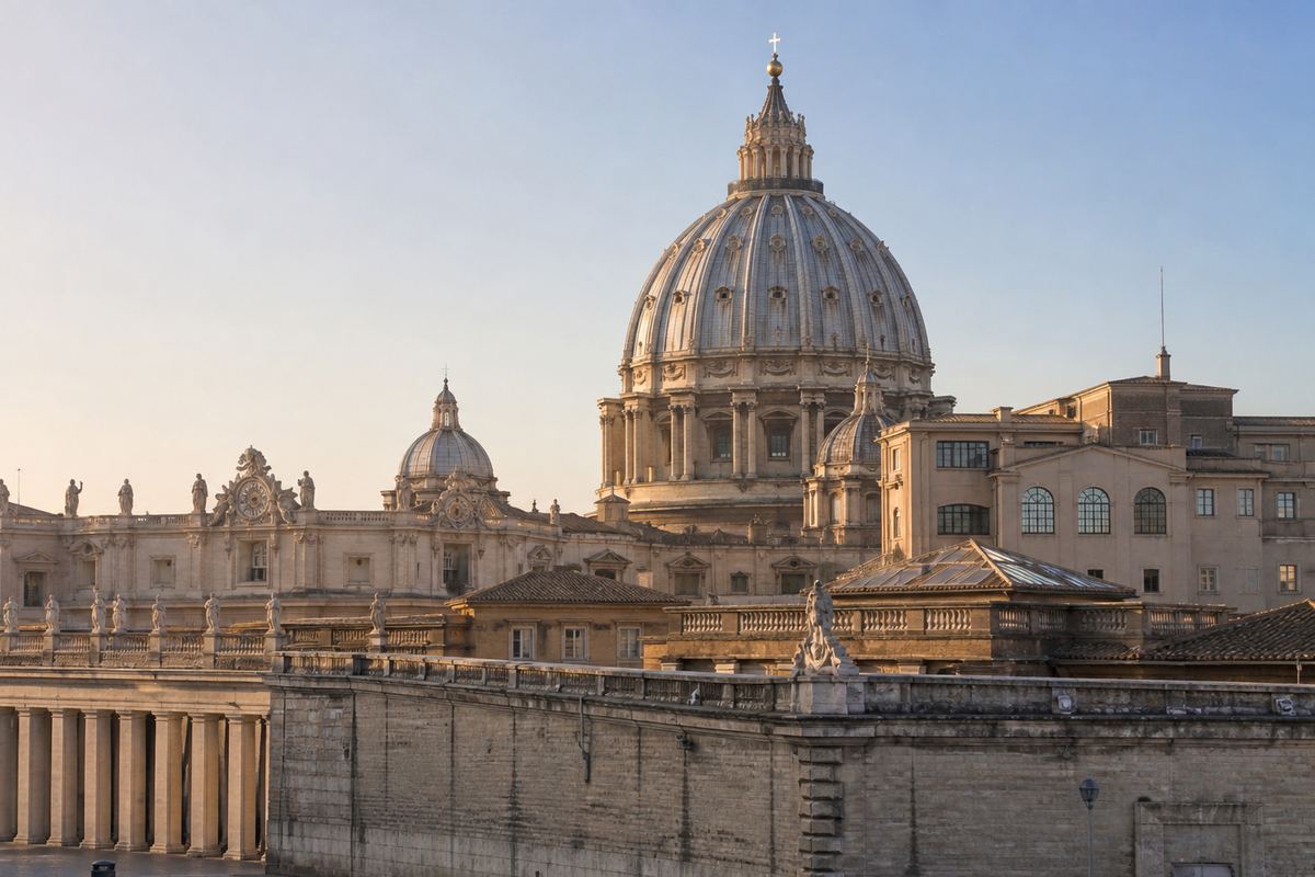 St Peter’s dome and Vatican colonnade in warm morning light