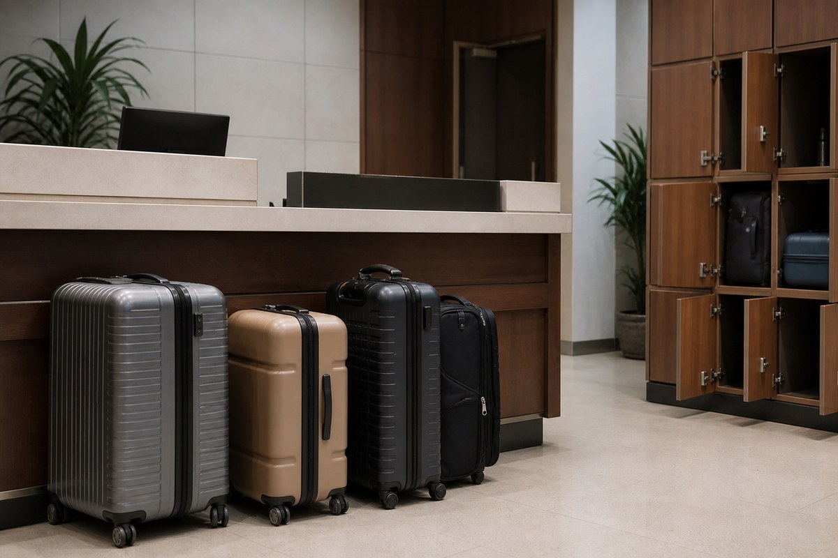 Suitcases beside an airport left-luggage counter and a city shop drop-off sign, suggesting layover storage choices