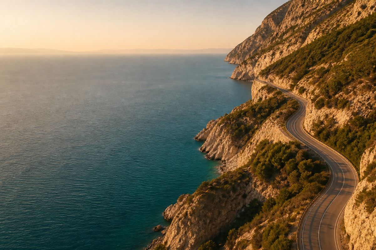 Hire car on the Adriatic coastal highway near Split, with ferry lanes and island haze in the distance