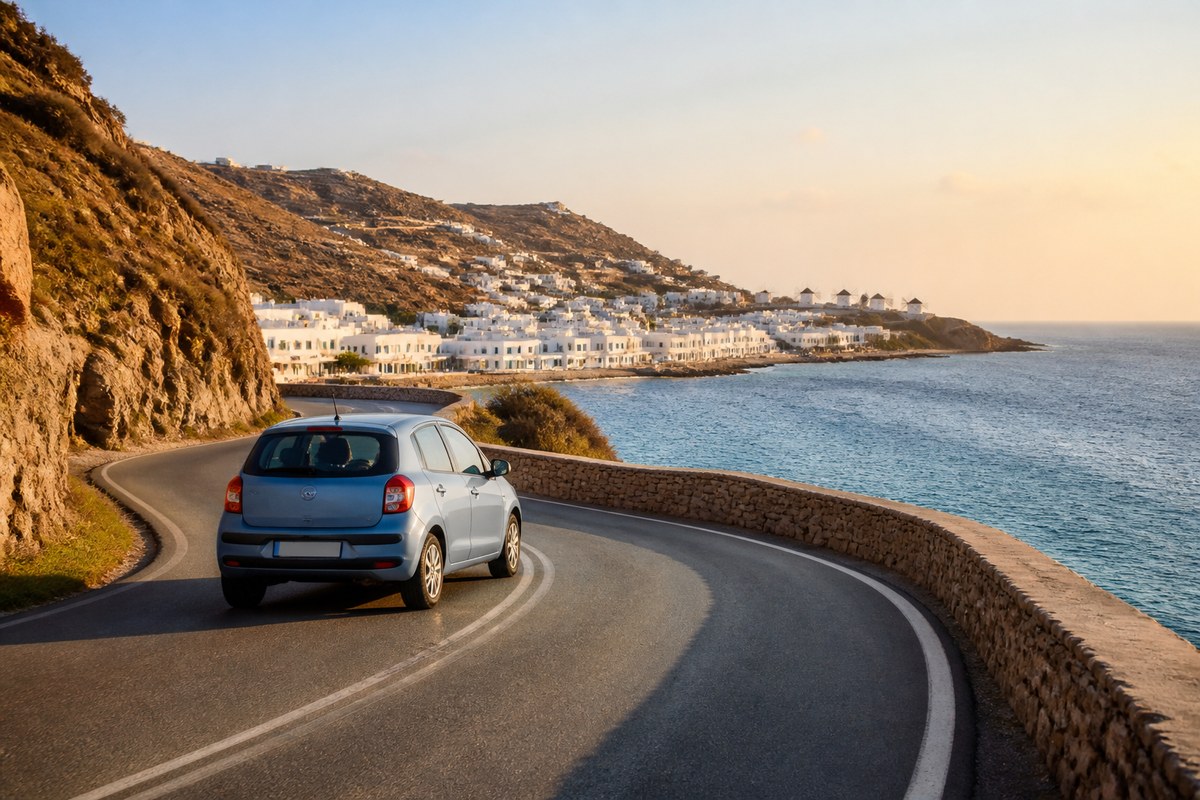 Hire car waiting at a Greek ferry port with islands in the background, suggesting island and mainland rental planning