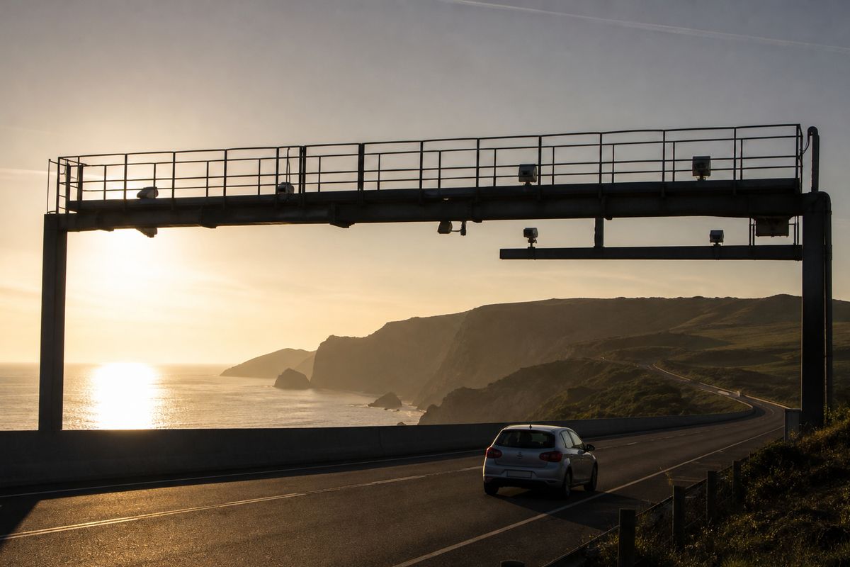 Rental car on a Portuguese coastal road with green Via Verde gantry ahead, suggesting electronic toll planning