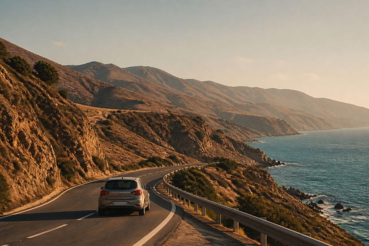 Hire car on a coastal road above the Costa del Sol, suggesting airport pickup and motorway toll choices in Spain