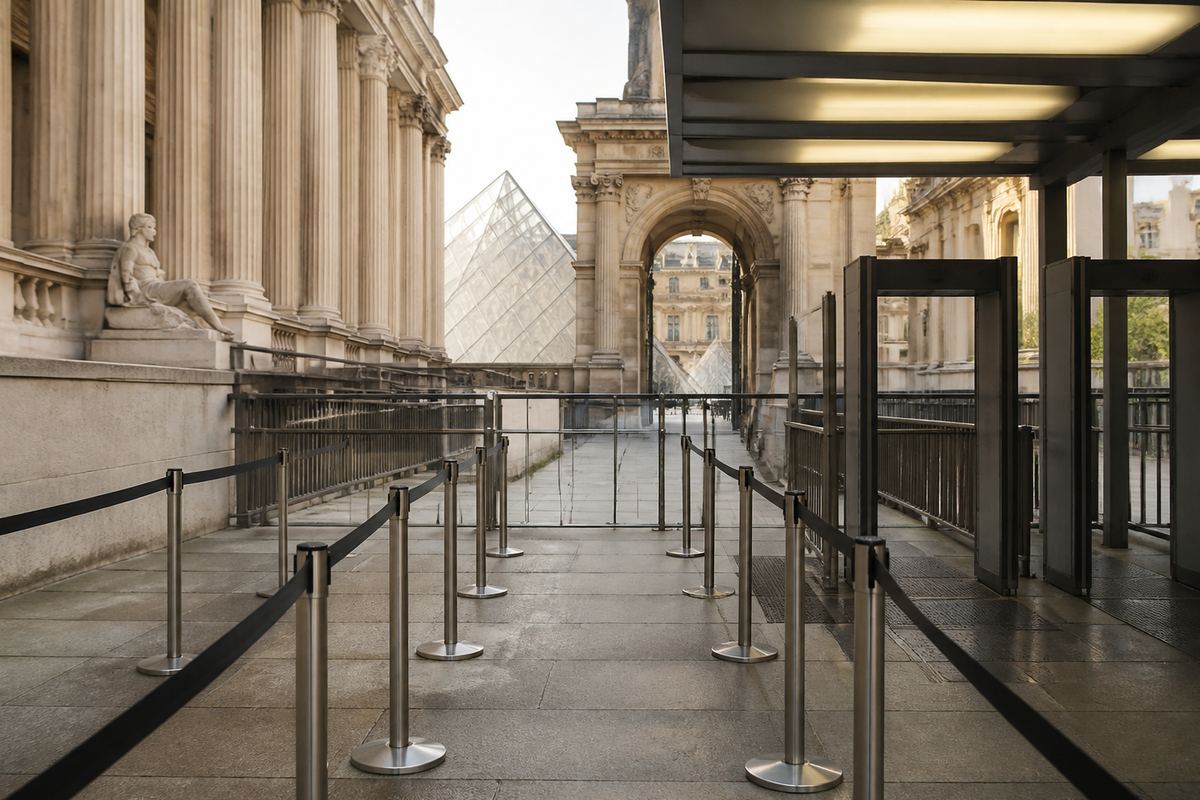 Visitors holding mobile tickets outside a landmark entrance, suggesting skip-the-line versus security queues