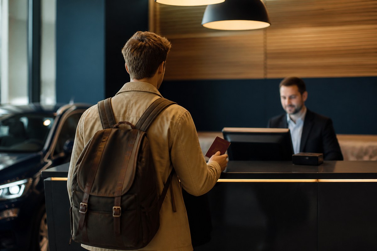 Young driver at a European car hire counter reviewing paperwork, suggesting under-25 surcharge planning