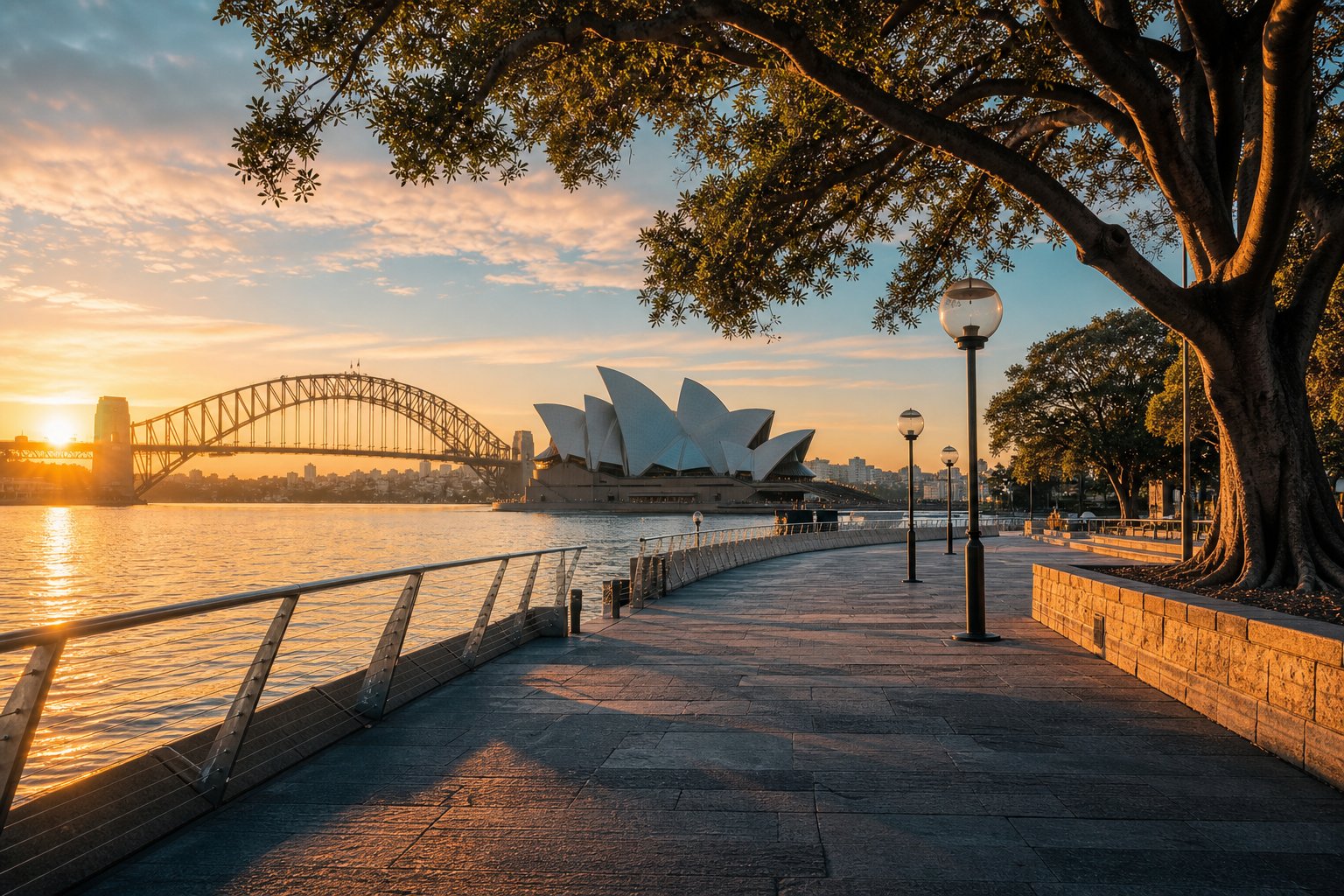 Sydney Opera House and Harbour Bridge at golden dawn