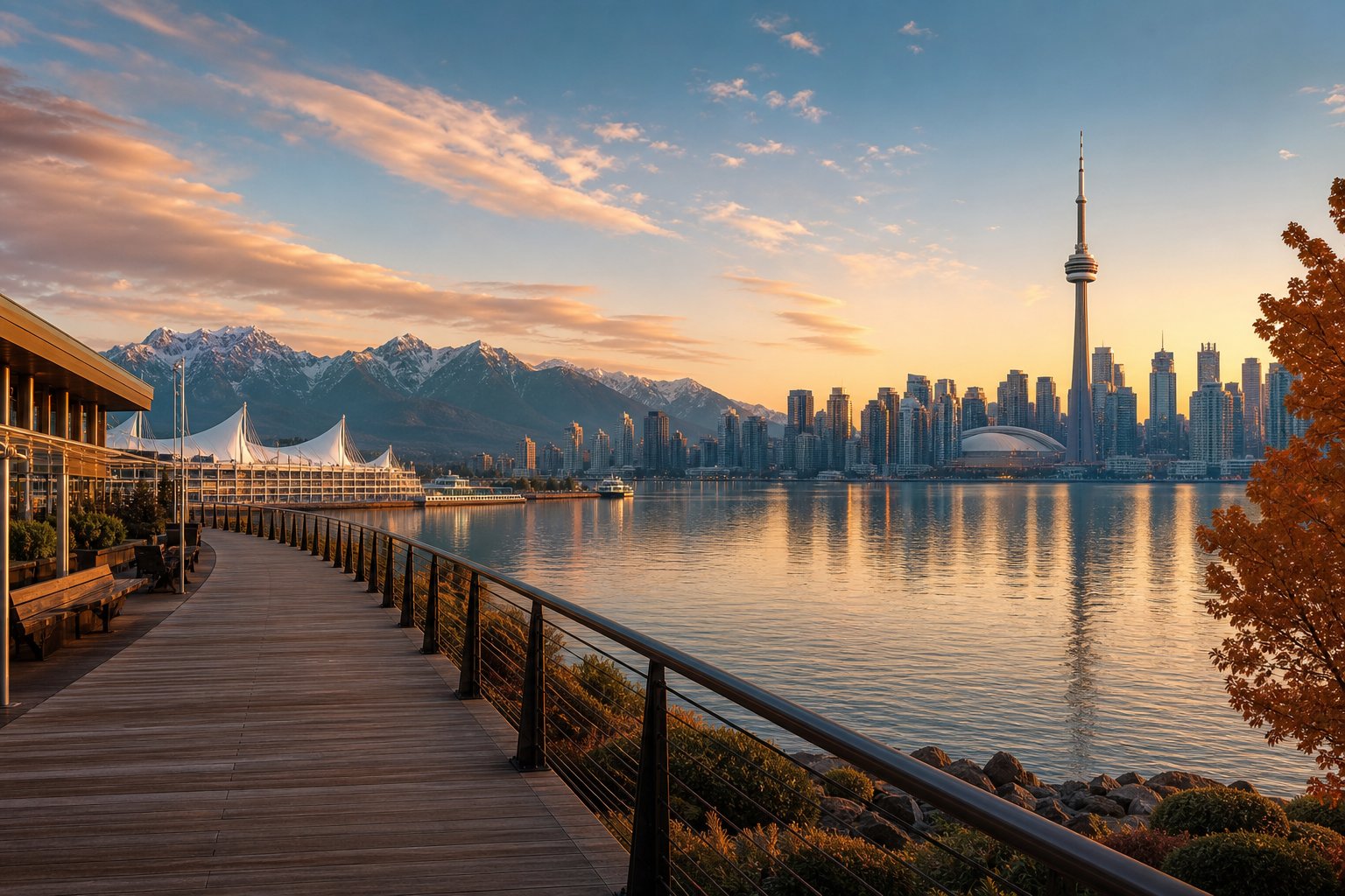 Vancouver harbour mountains and Toronto skyline at golden dawn
