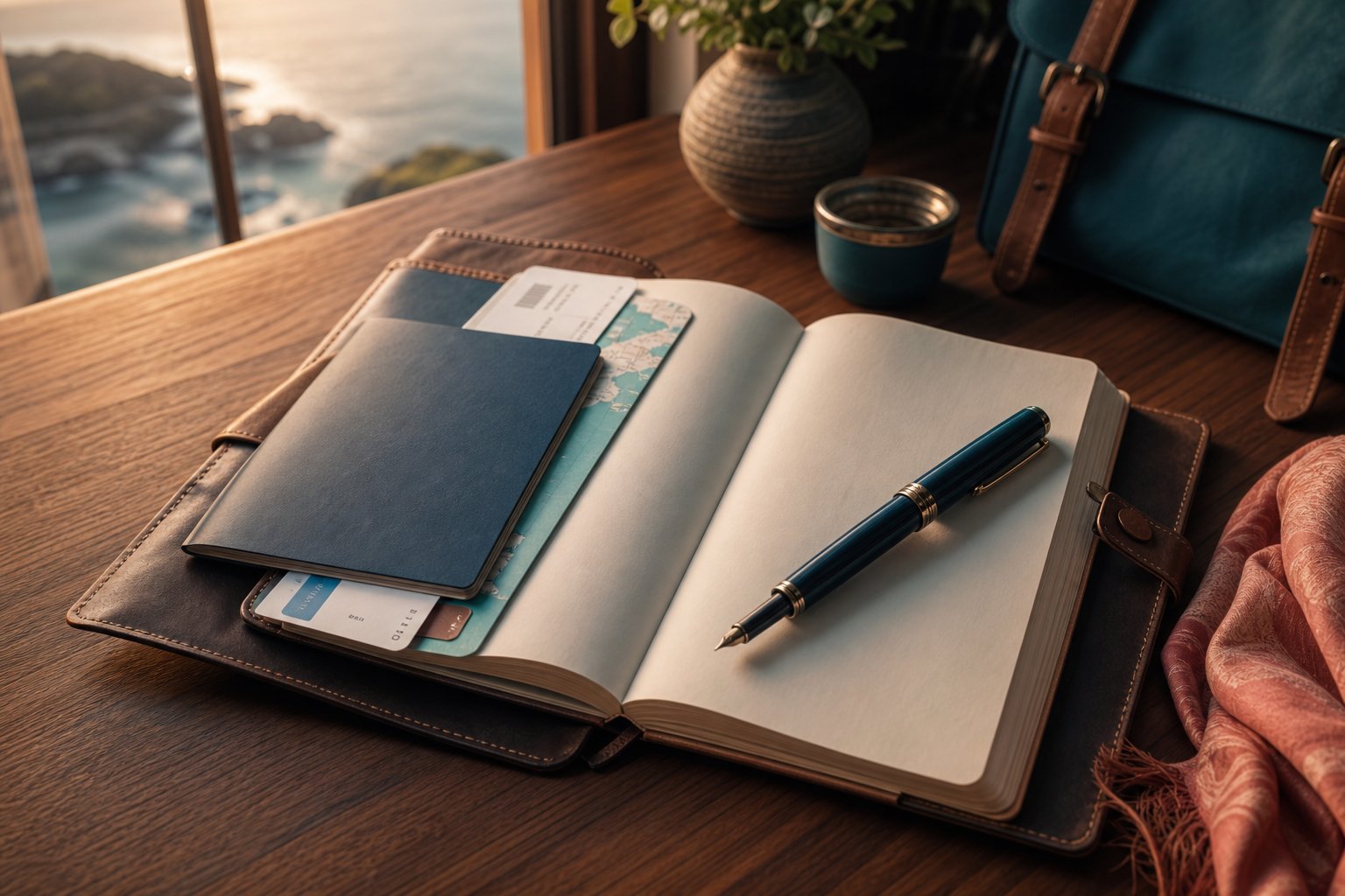 Open travel notebook with passport and boarding pass on a teak desk at golden hour