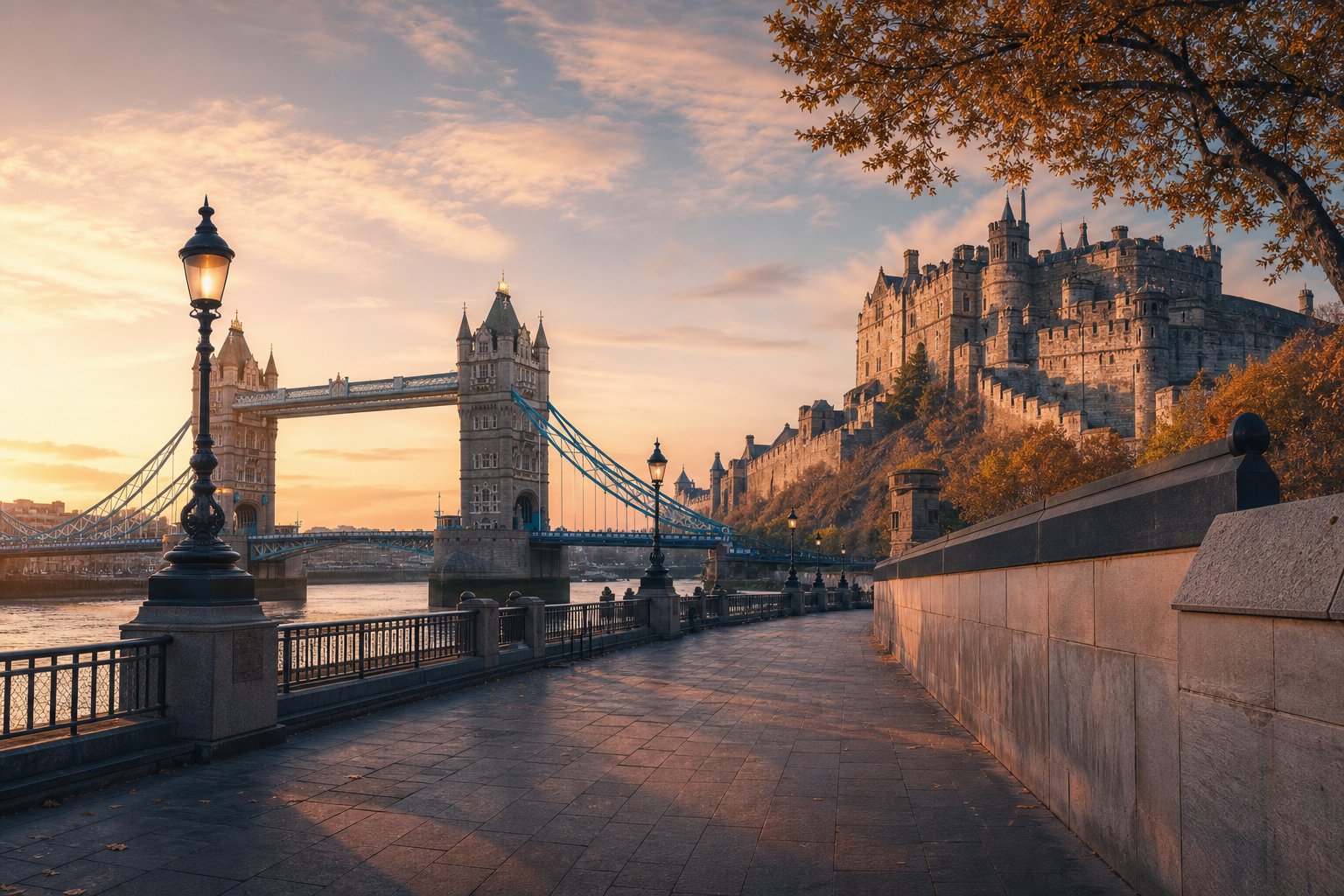 Tower Bridge and Edinburgh Castle soft blend at golden dawn