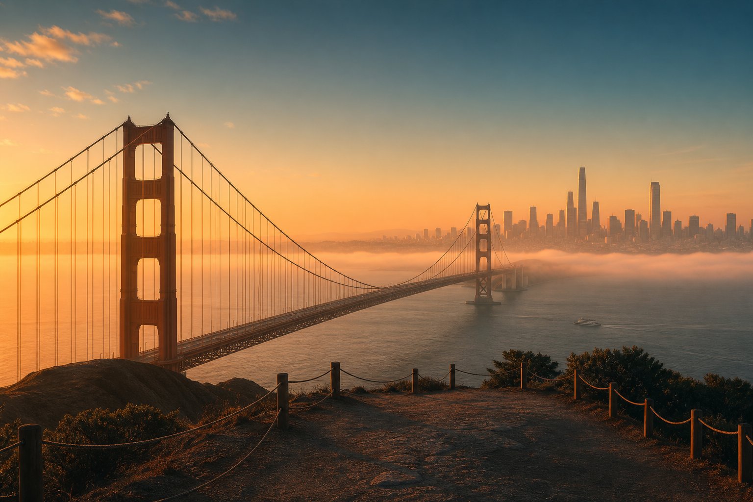 Golden Gate Bridge and Manhattan skyline soft blend at golden dawn
