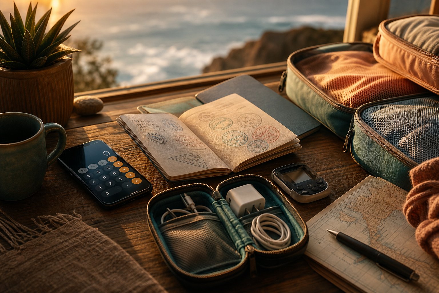 Passport, packing cubes and travel planning tools on a desk at golden hour